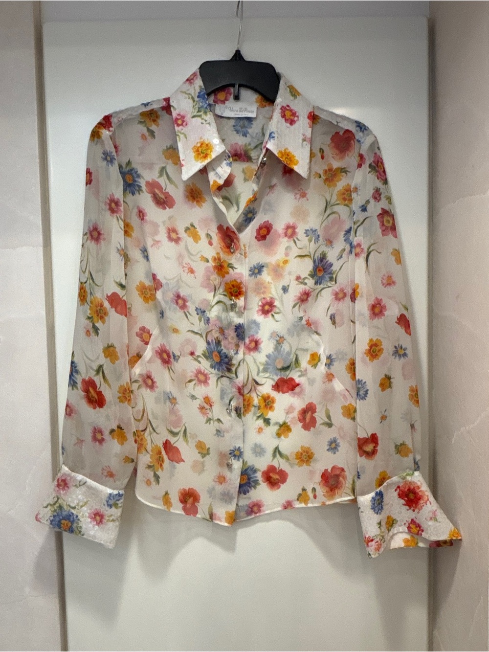 adidas White Sheer Floral Button-Front Top with Multicolor Blooms